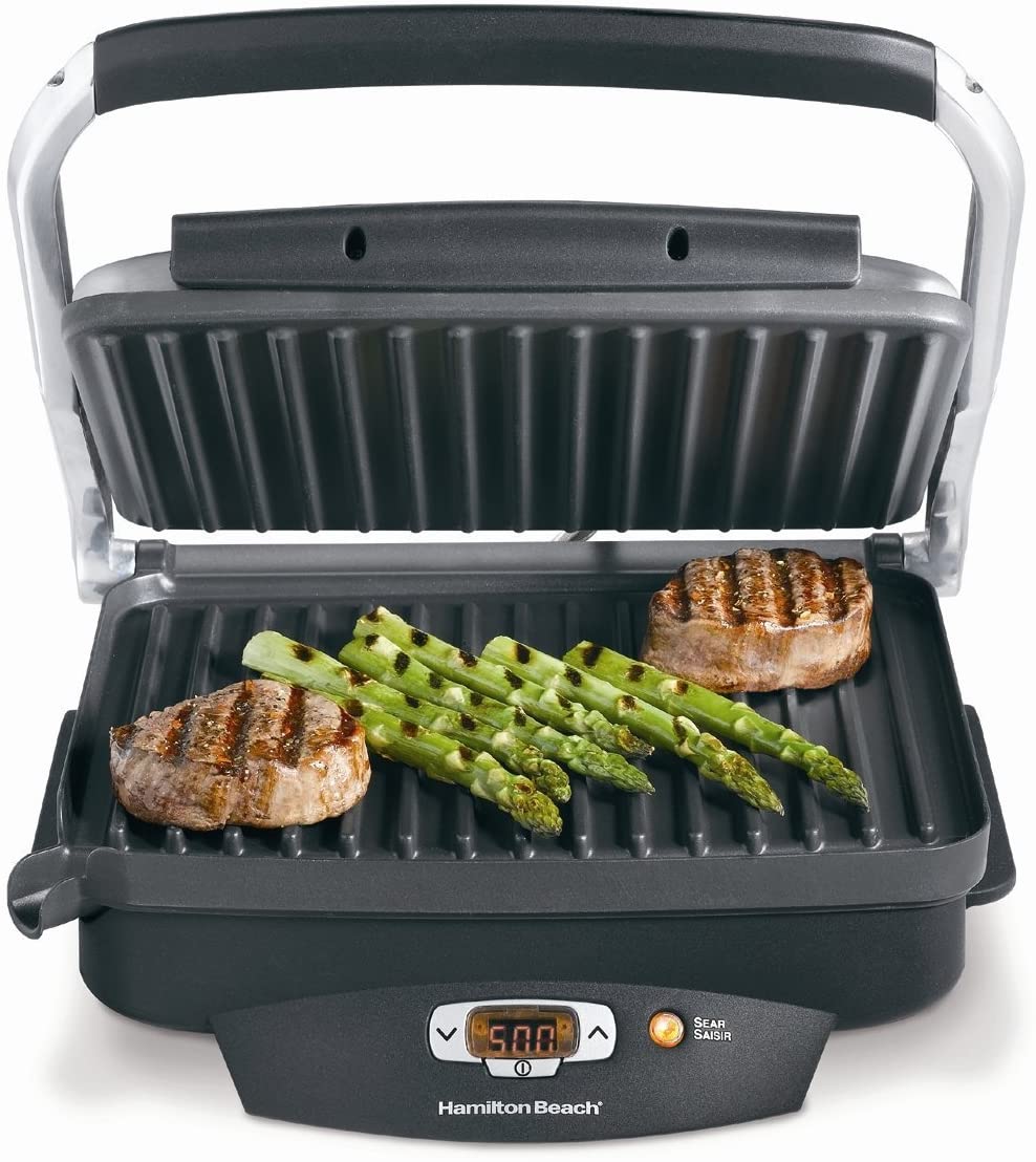 Hamilton Beach Steak Lover’s Electric Indoor Searing Grill, Nonstick 100 Square, Stainless Steel (25331), Black and Stainless, Medium